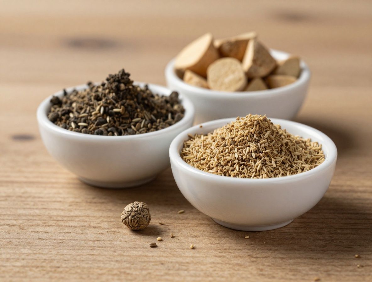 Makro záběr sušených rostlinných bylinek, semínek a prášků v malých miskách na tmavém dřevěném stole, teplé přirozené světlo